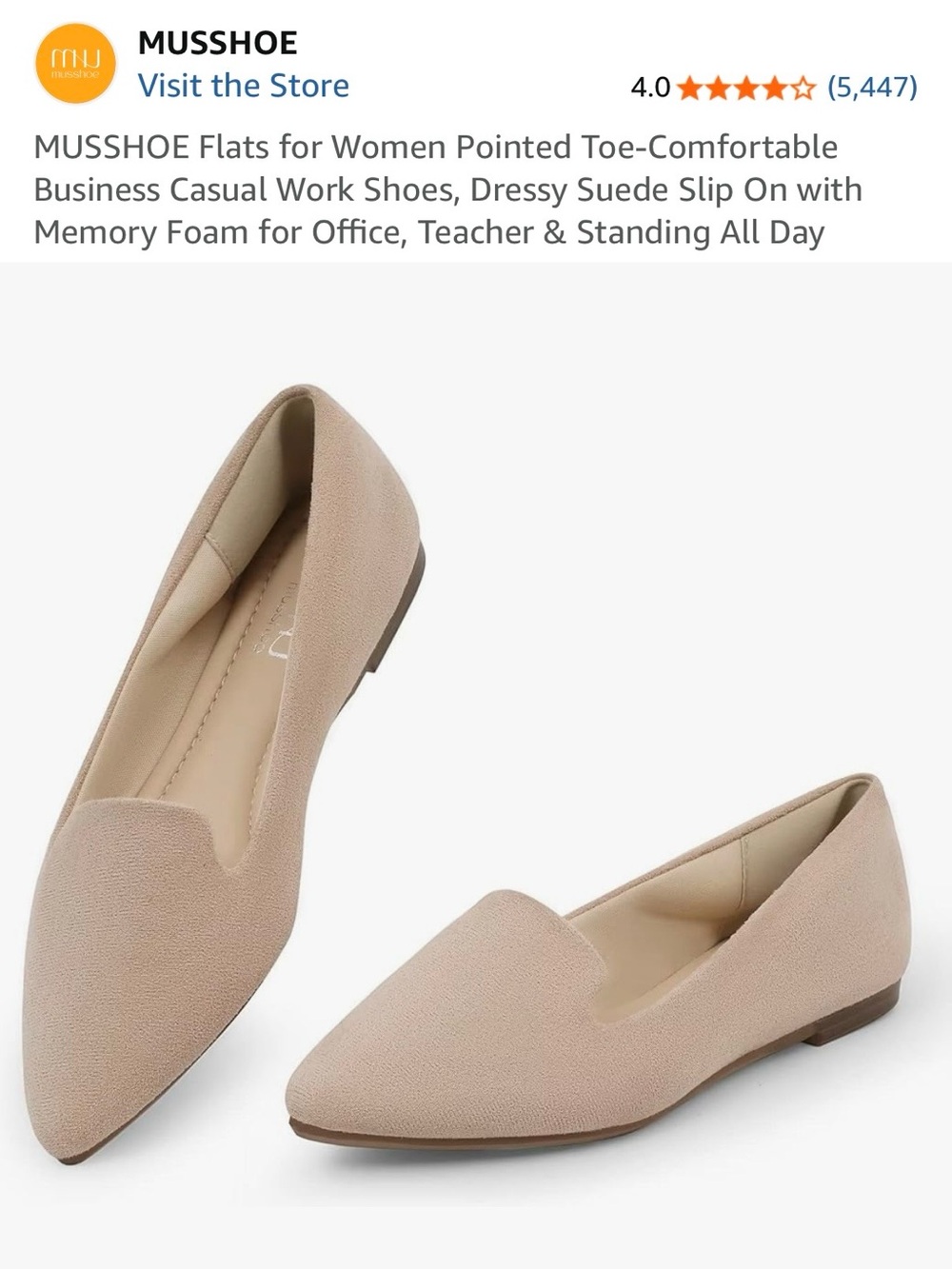 New MUSSHOE Women's Pointed Toe Slip-On Flats in Nude Beige Size: 8